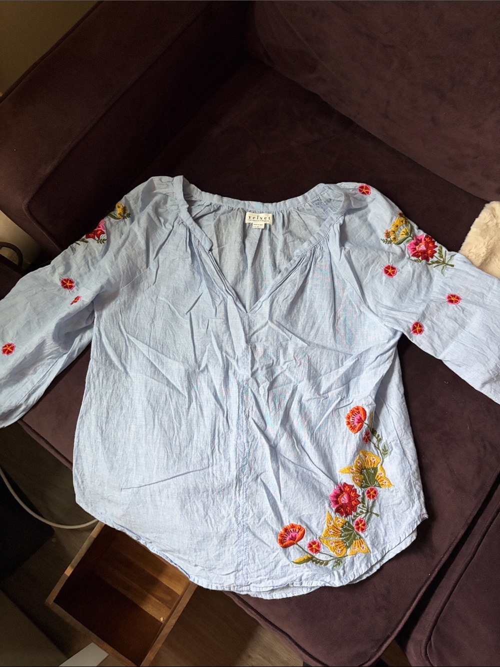 VELVET Light Blue Embroidered Peasant Top
